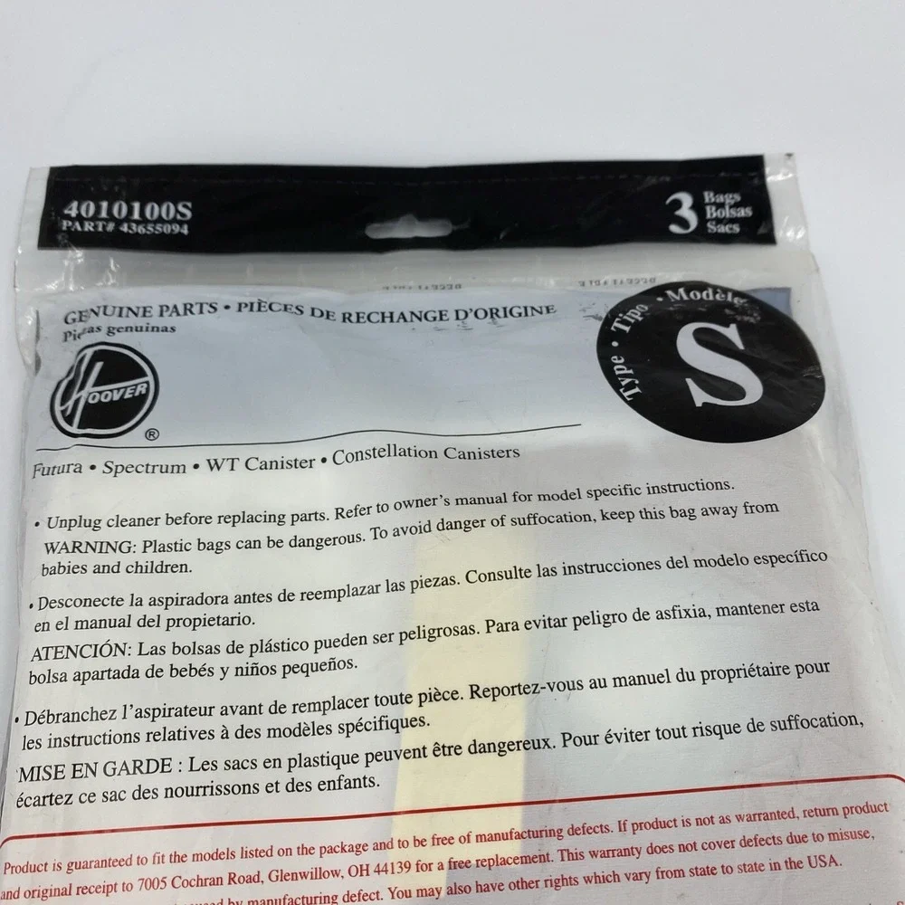 Genuine Hoover Vacuum Bags 3 Type S Allergen Filtration 43655094 4010100S NIP